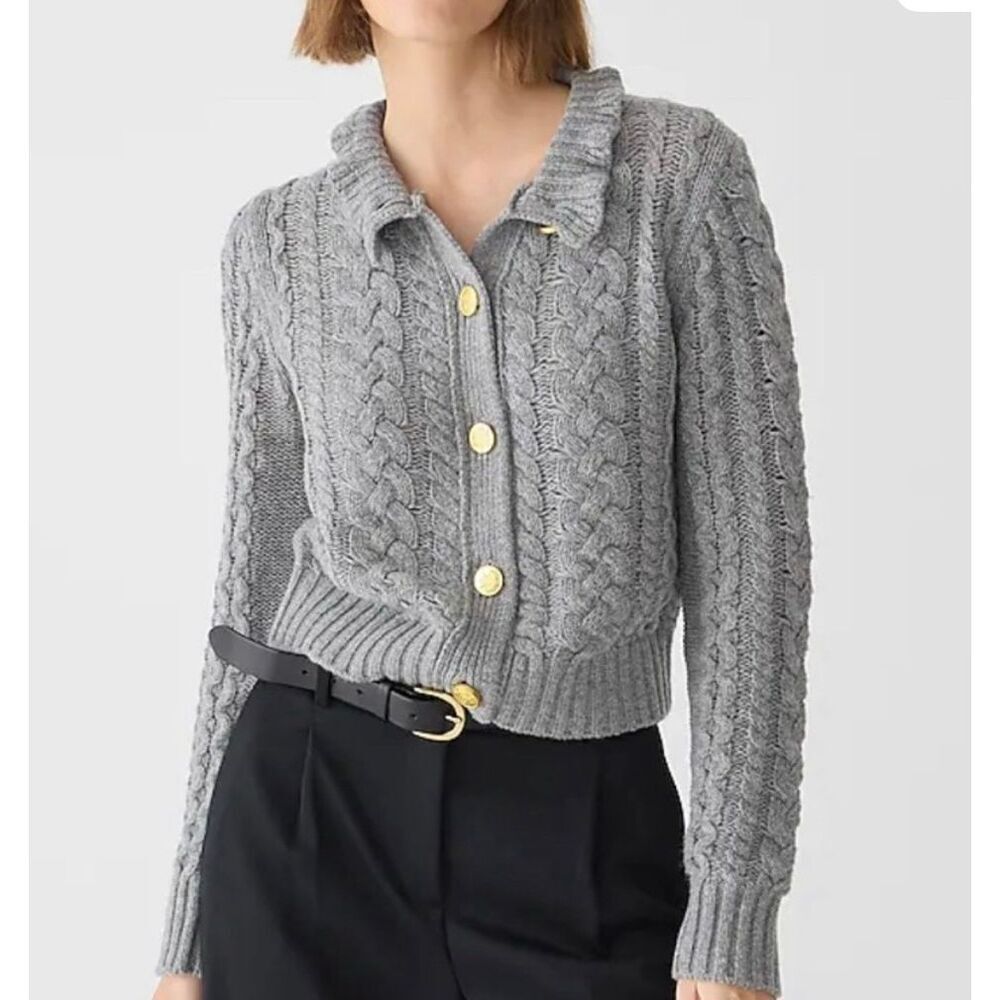 J.Crew grey ruffle neck cableknit cardigan sweater wool blend large